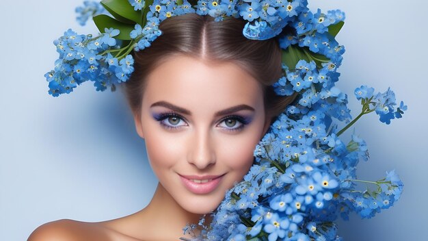 Photo young brunette woman portrait of a brunette surrounded by blue airy flowers