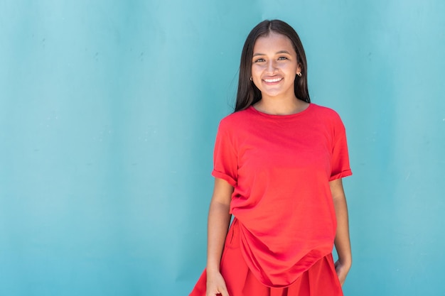 Young Brunette Woman Smiling At Street