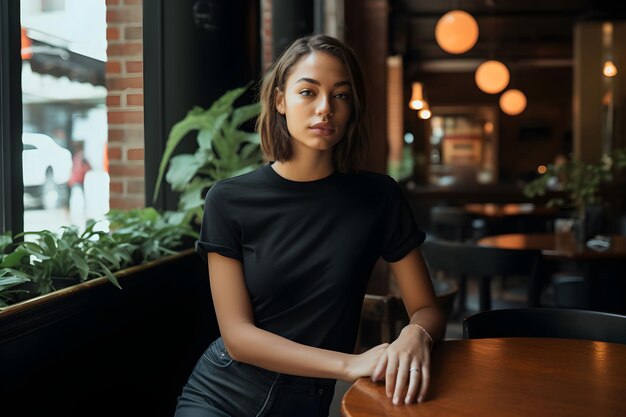 Young brunette woman wearing bella canvas black t shirt and jeans at a cozy restaurant on summers day Design tshirt template print presentation mockup Ai generated