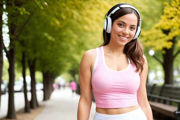 Young brunette woman wearing sportswear listening to music at park