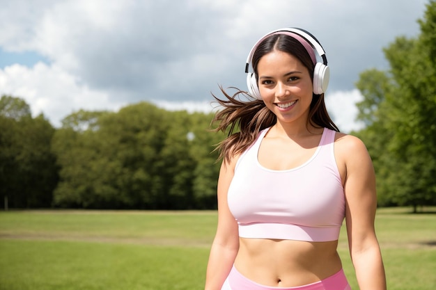 公園で音楽を聴くスポーツウェアを着た若いブルネットの女性