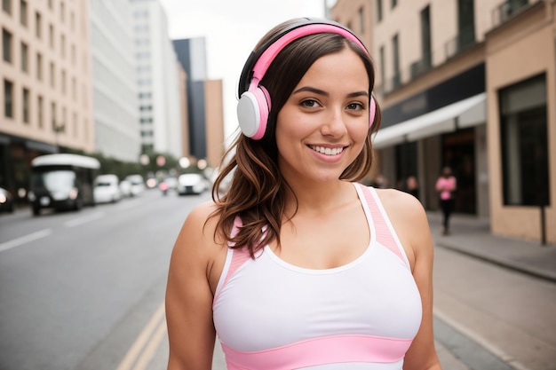 Young brunette woman wearing sportswear listening to music at park