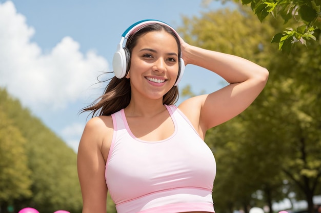 Young brunette woman wearing sportswear listening to music at park