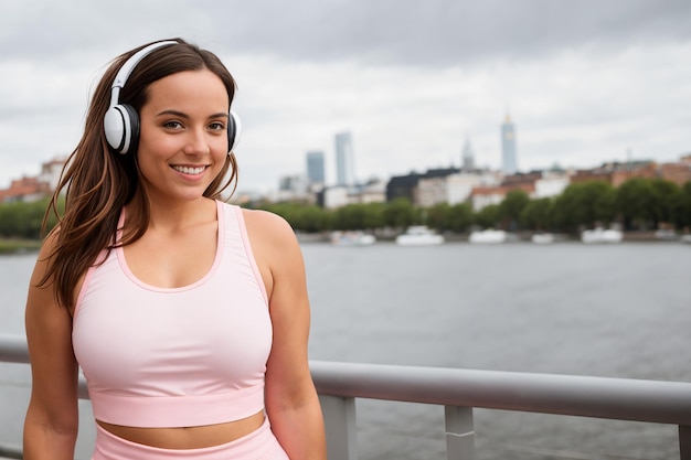 公園で音楽を聴くスポーツウェアを着た若いブルネットの女性