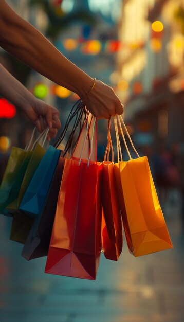 Young brunette woman with tanned slim legs in red patent leather shoes and a lot of brown paper bags her hands Shopaholic woman in the city The concept of shopping sales and purchases of things