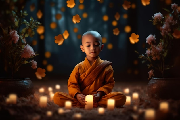 A young buddha sits in garden with a lotus and candles Background for vesak festival celebration