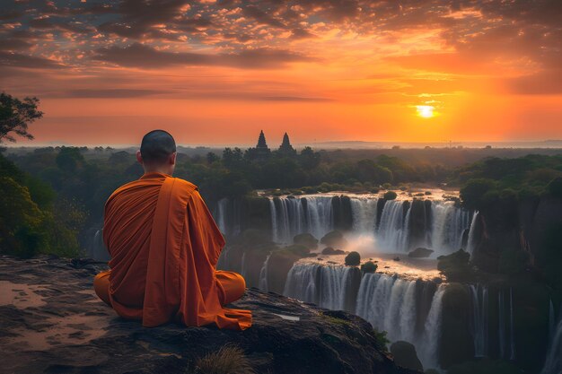 Young Buddhist monk meditating near a waterfall during a beautiful sunset or sunrise