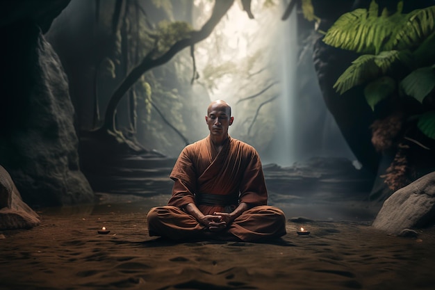 Young Buddhist monk sitting in meditation posture in the forest Generative AI