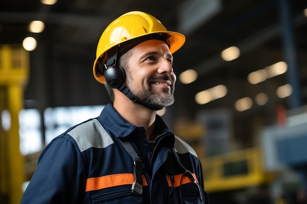 Young builder man in construction uniform and safety helmet with looking side view