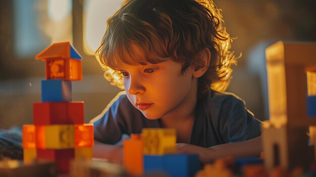 Young builder playing with blocks and creating geometric shapes and structures