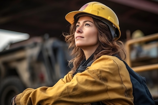 Young builder woman in construction uniform and safety helmet with looking side view
