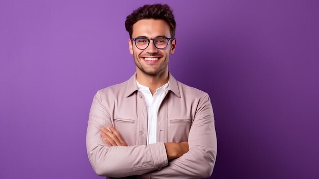 Young buisnessman wearing eyeglasses standing against purple background