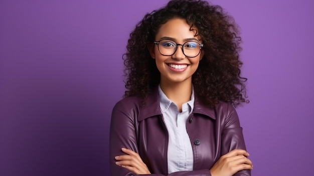 Young buisnesswoman wearing eyeglasses standing against purple background