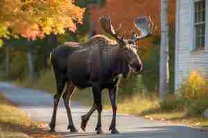 Photo a young bull moose walks down a street in wilmington vermont