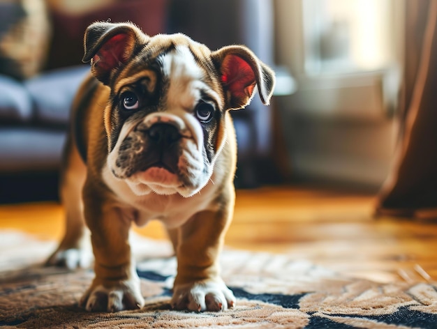 写真 家に立っている若いブルドッグの子犬