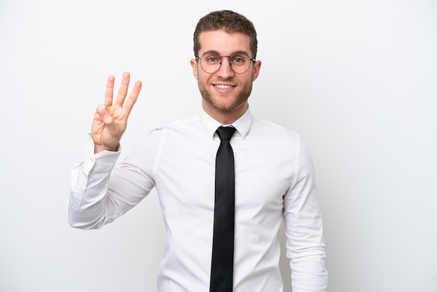 Young business caucasian man isolated on white background happy and counting three with fingers