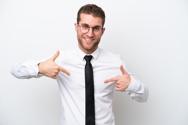 Young business caucasian man isolated on white background proud and selfsatisfied