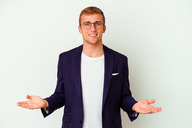 Young business caucasian man isolated on white background