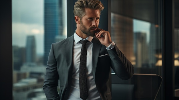 スタイリッシュなスーツを着た若いビジネスエグゼクティブが、デジタルタブレットを持ち、自信を持ってカメラを見ている現代のオフィスの窓の横に立っている高品質の写真