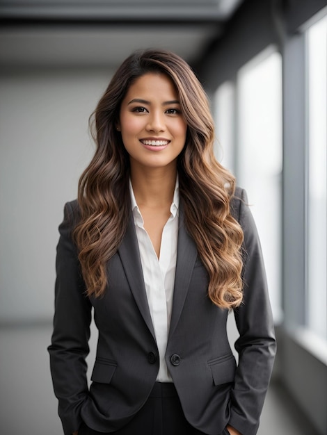 若いビジネスエグゼクティブ女性長い髪smailingオフィスの背景