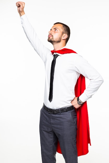 Young business man hero with fist up isolated on white background