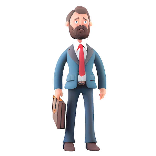 Young business man in suit standing with briefcase on a white background Leader success management concept 3d illustration people character Cartoon minimal style