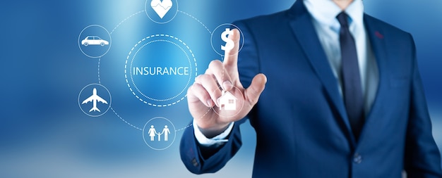 Photo young business man touching insurance icon