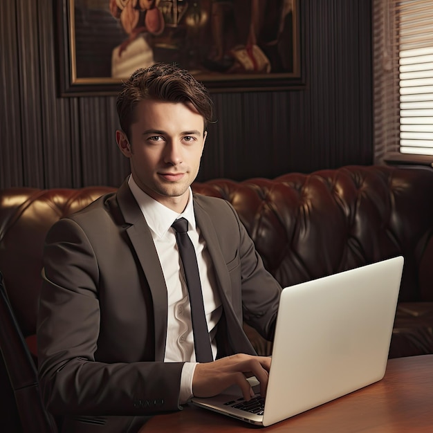 Young business man using laptop on office with suite and tie looking at camera