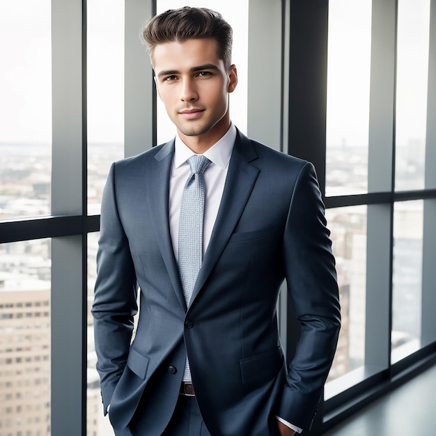 Photo young business man with wearing a suit standing near modern window office