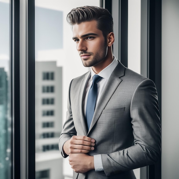 young business man with wearing a suit standing near modern window office