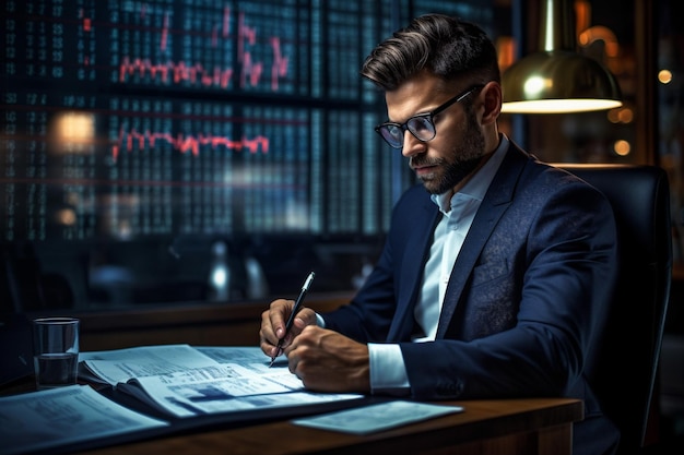 Young business man working at home with laptop and papers on desk