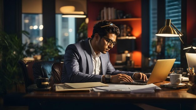 Young business man working at home with laptop and papers on desk