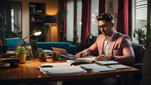 Young business man working at home with laptop and papers on desk