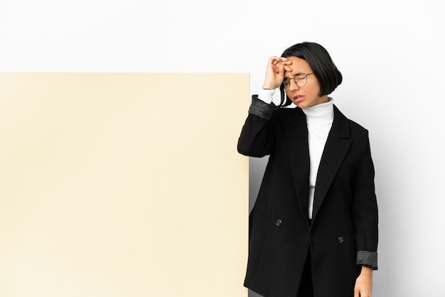 Young business mixed race woman with with a big banner isolated background with tired and sick expression