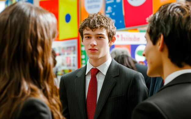 Young business professionals engaging in conversation at a trade show