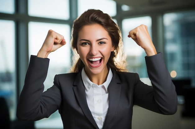 Photo young business woman celebrating victory happiness and success