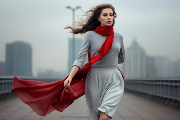 Молодая деловая женщина или девушка в развевающемся платке гуляет по пешеходному мосту в туманную погоду Неудачное свидание Элегантная и стильная одежда