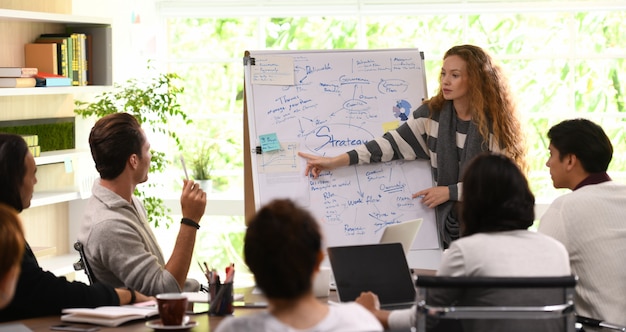 Young business woman giving presentation on future plans to his colleagues at office