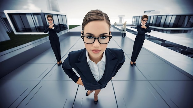 The young business woman in glasses on a gray space top view