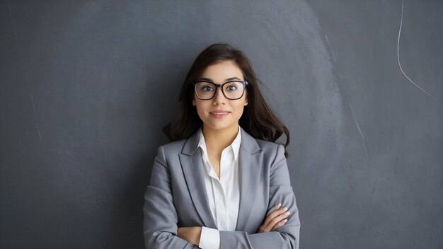 The young business woman in glasses on a gray space top view