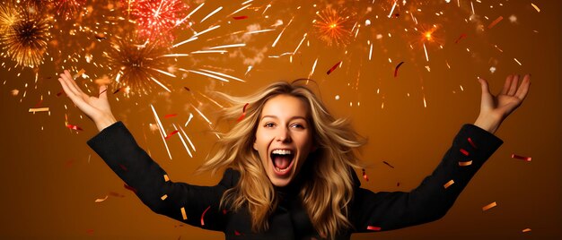 Фото Молодая деловая женщина весело проводит время и празднует новый год с копировальным пространством