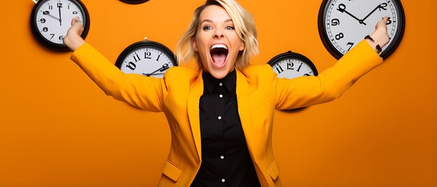 Photo young business woman having fun time and celebrating new years with copy space