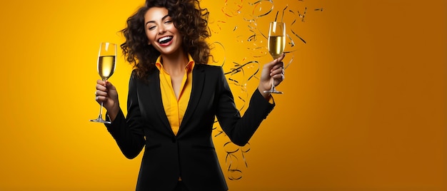 Young business woman having fun time and celebrating new years with copy space