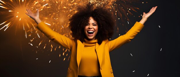 Photo young business woman having fun time and celebrating new years with copy space