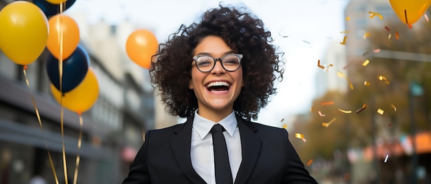 Young business woman having fun time and celebrating new years with copy space