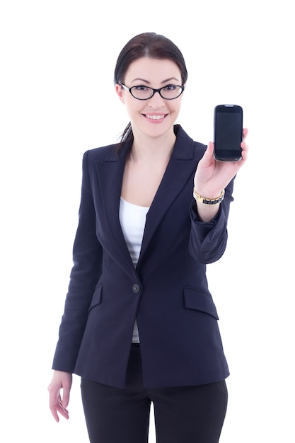 Young business woman holding mobile phone with copyspace isolated on white background