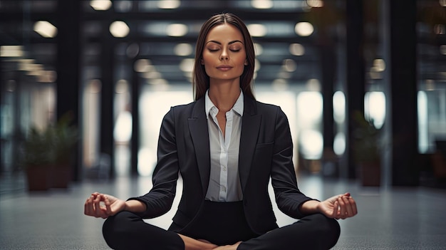 Young business woman is meditating to relieve stress of busy corporate life