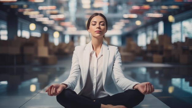 La giovane donna d'affari sta meditando per alleviare lo stress della frenetica vita aziendale