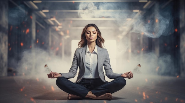 Молодая деловая женщина медитирует, чтобы снять стресс от напряженной корпоративной жизни