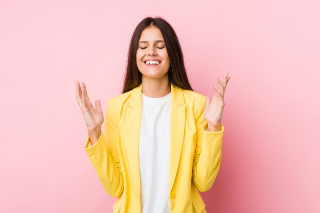 Young business woman joyful laughing a lot